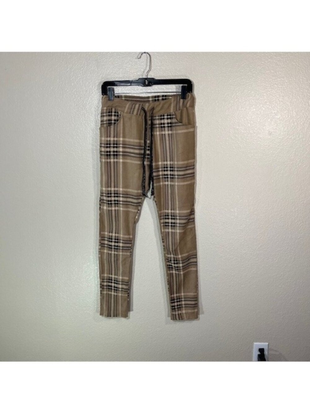 Venti6 Joggers Womens XS Pants Faux Suede Brown Black Plaid Drawstring